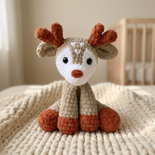 Clover the Deer, a crocheted amigurumi toy, in a nursery