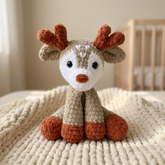 Clover the Deer, a crocheted amigurumi toy, in a nursery