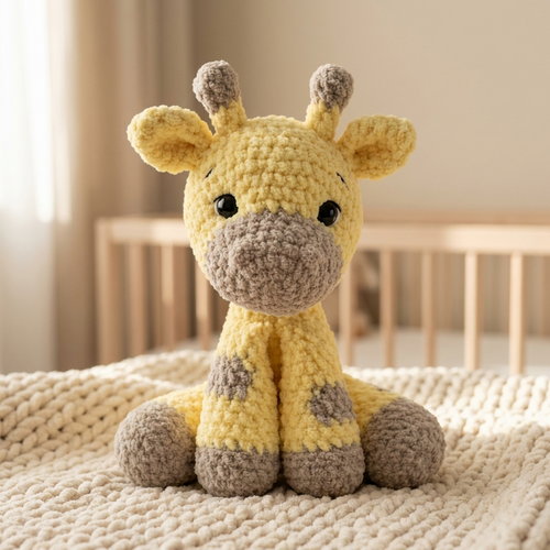 Saffron the Giraffe, a crocheted amigurumi toy, in a nursery