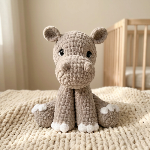 Willa the Hippo, a crocheted amigurumi toy, in a nursery