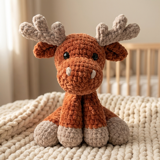 Maple the Moose, a crocheted amigurumi toy, in a nursery