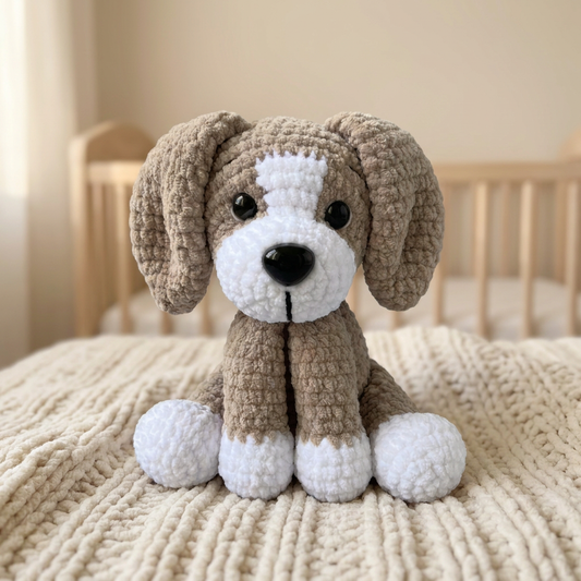 Biscuit the Puppy, a crocheted amigurumi toy, in a nursery