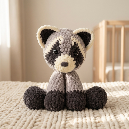 Rowan the Raccoon, a crocheted amigurumi toy, in a nursery