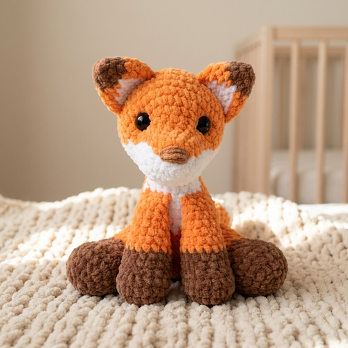 Hazel the Fox, a crocheted amigurumi toy, in a nursery