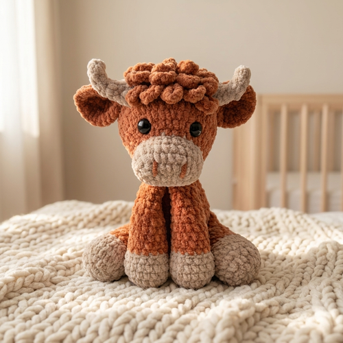 Fergus the Highland Cow, a crocheted amigurumi toy, in a nursery