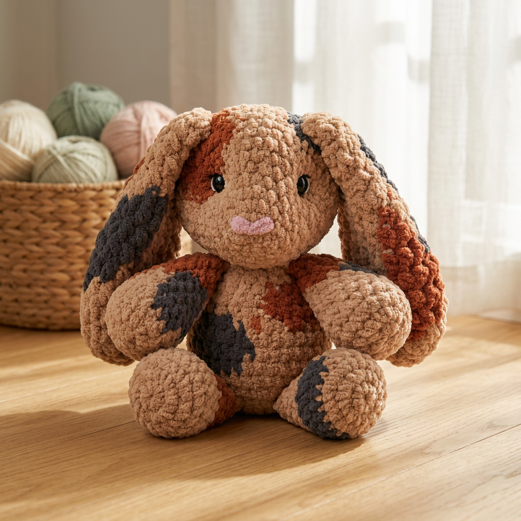 Pippin the Bunny, a crocheted amigurumi toy, beside a basket of yarn