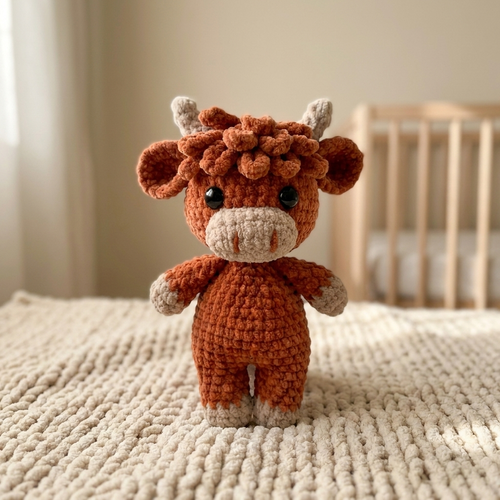 Hamish the Highland Cow, a crocheted amigurumi toy, in a nursery