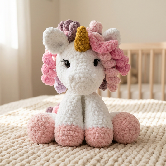 Pearl the Unicorn, a crocheted amigurumi toy, in a nursery