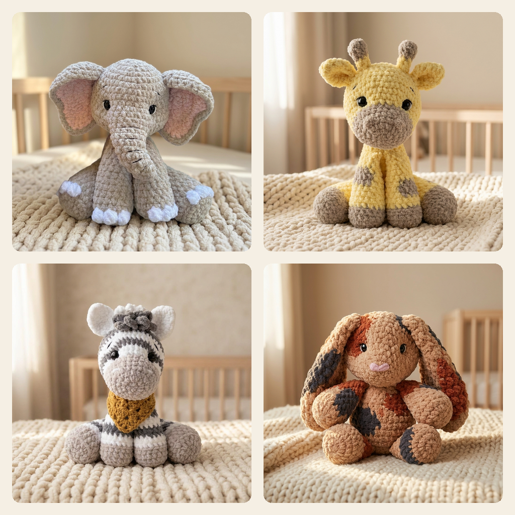 The Cozy Nursery Bundle — four crocheted amigurumi animals: elephant, giraffe, zebra and bunny