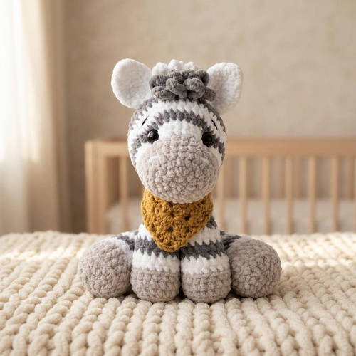 Zuri the Zebra, a crocheted amigurumi toy, in a nursery